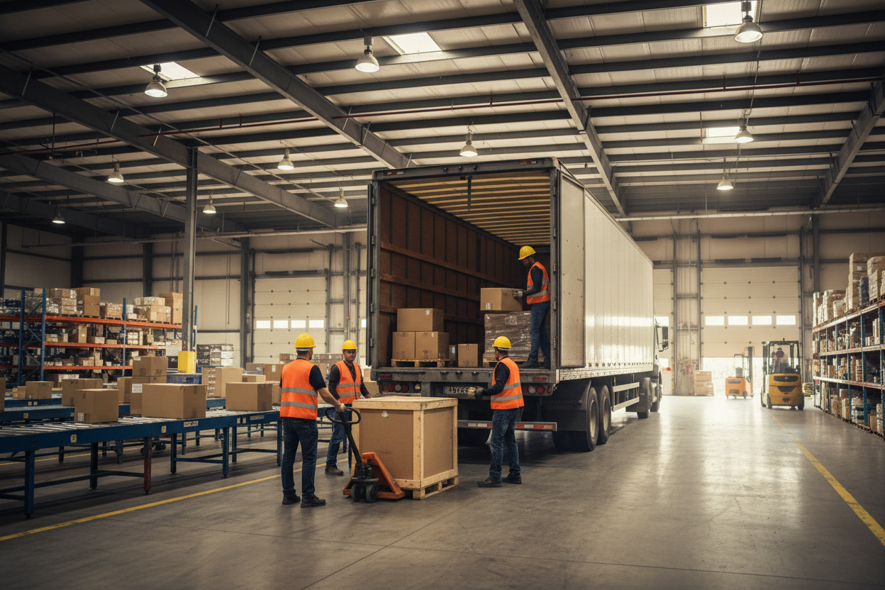 People Unloading a Truck in a Warehouse